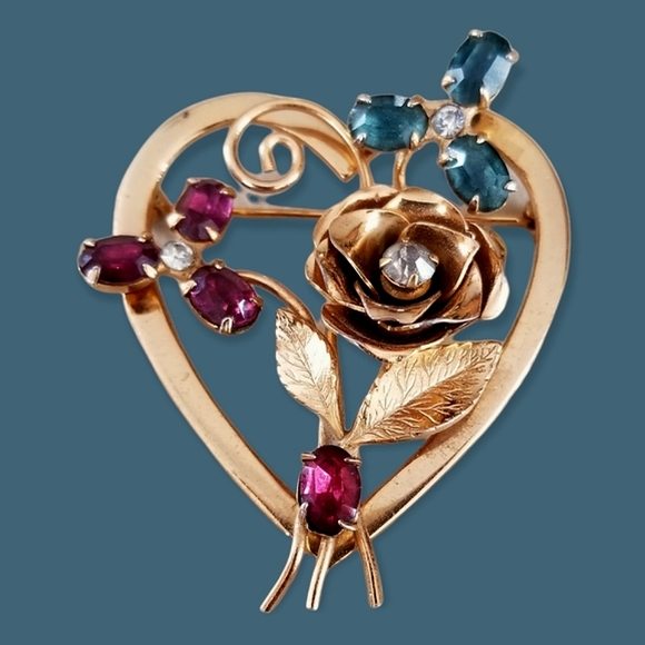 Vintage Signed Coro Gold Tone Heart Brooch Ruby Sapphire Rhinestone - Picture 5 of 16
